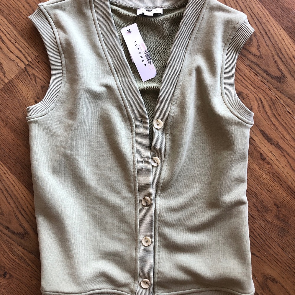NWT light green topshop vest sleeveless button up olive sage XS